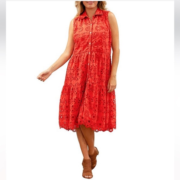 Karyn Seo Dresses & Skirts - Karyn Seo Floral Eyelet Collared Neckline Sleeveless Midi Dress Size S